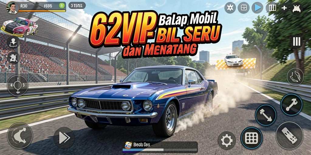 Tampilan utama gameplay balapan di 62VIP dengan mobil-mobil cepat.