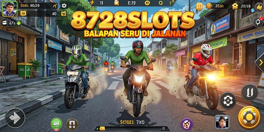 Screenshot utama 8728SLOTS menampilkan aksi balapan yang seru.