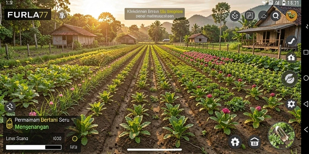 Tampilan gameplay FURLA77 dengan ladang yang terawat dan aktivitas panen.
