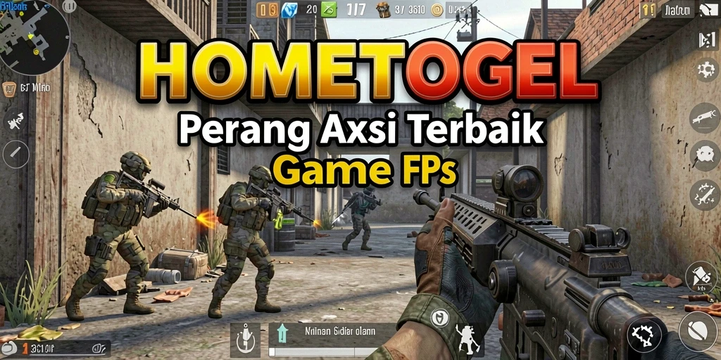 Gambaran gameplay mendebarkan HOMETOGEL di medan perang FPS.