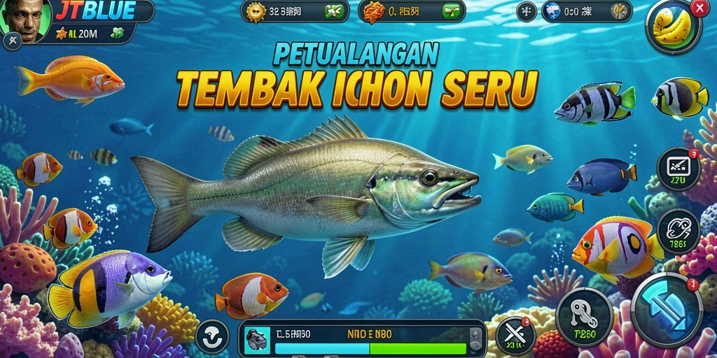 Screenshot gameplay JTBLUE dengan aksi menembak ikan yang seru.