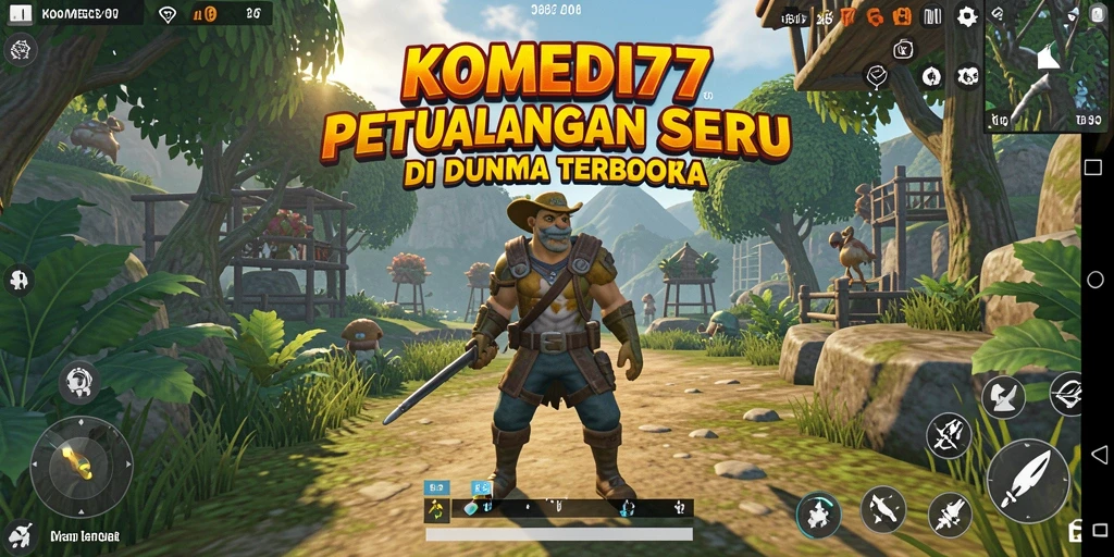 Tampilan gameplay KOMEDI77 yang menampilkan dunia terbuka penuh humor.