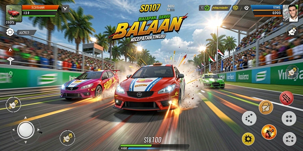 Tangkapan layar gameplay SD107 dengan aksi balap yang mendebarkan.