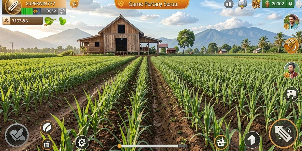 Tampilan gameplay SUPERWIN777 yang menampilkan aktivitas bertani yang seru.